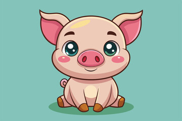 Sticker - A cheerful baby pig girl with big eyes sitting contentedly on a pastel background, a cartoon character Cute baby pig girl