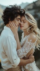 Wall Mural - A man and woman are embracing each other on a mountain. The man is wearing a white shirt and the woman is wearing a white dress. Scene is romantic and intimate