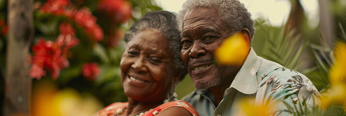 Wall Mural - Senior African American couple enjoying a picnic in a lush garden and surrounded by blooming flowers 