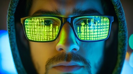 Poster - Cybersecurity Threat, Hacker in Hoodie with Reflective Code Glasses, Dark Web Concept