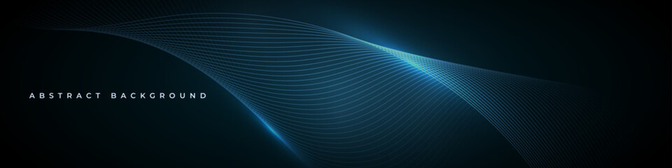 Wall Mural - glowing blue wavy lines on abstract technology dark blue background. digital hi-tech elegant wide ve