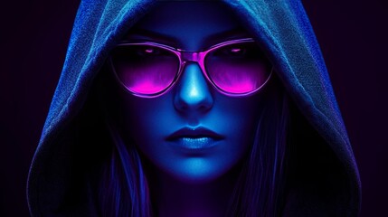 Wall Mural - mysterious woman with pink sunglasses in neon light, cyberpunk style. cyber security concept