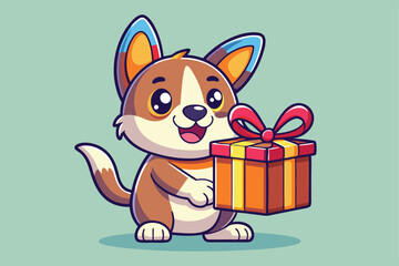 Wall Mural - A cute cartoon dog happily holds a colorful gift box with a big smile, a cartoon character Cute dog cartoon with gift box