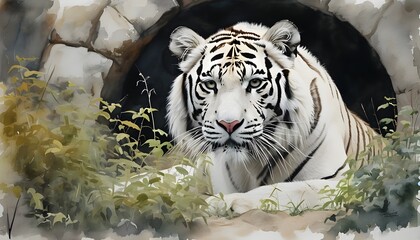 Elegant albino tiger captured in whimsical watercolor, showcasing the beauty of wildlife in a zoo setting