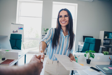 Canvas Print - Photo of professional lovely lady shake hands deal wear striped formalwear coworking successful businesswoman nice light office