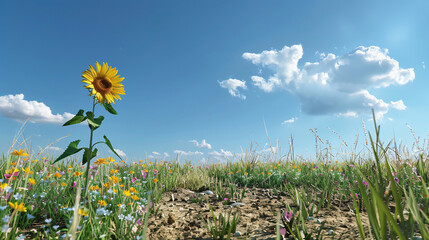 Wall Mural - Serene meadow with wildflowers on the left side and a dry patch of earth on the right and a single sunflower stands tall in the middle and with a clear blue sky and a few fluffy clouds above. 