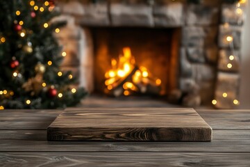 Christmas festive template and wooden board mock up for product. Stylish wooden table against christmas tree with lights and burning fireplace. Christmas background, copy space with generative ai