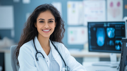 A smiling doctor sitting at a desk with a computer, looking at the camera, with a background showing medical charts and lab results on the walls.