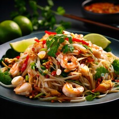 A refreshing Thai shrimp salad served with fresh vegetables, lime wedges, and a sprinkle of chili flakes, offering a burst of flavors and vibrant colors. Perfect for healthy meal promotions.. AI