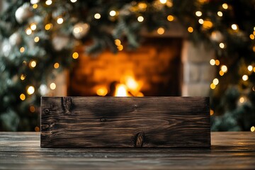 Christmas festive template and wooden board mock up for product. Stylish wooden table against christmas tree with lights and burning fireplace. Christmas background, copy space with generative ai