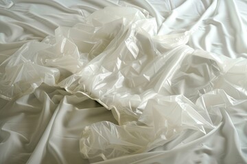 Transparent plastic raincoat is laying on a white bed sheet, looking wrinkled and used