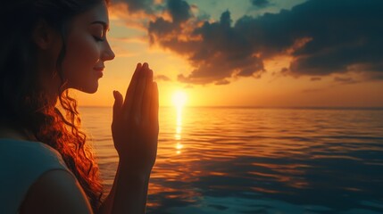 black woman, happy and meditation with breathing on beach for fresh air or spiritual yoga in nature.