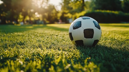 Black and white soccer ball resting on a green grass field during sunset. Outdoor sports, football match preparation, summer evening game.