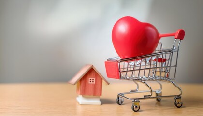 Wall Mural - Mini shopping cart,Red heart with home model piggy bank on table,Health and money saving