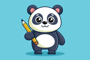 Poster - The adorable panda smiles while holding a yellow pencil, perfect for artistic adventures, a cartoon character Cute Panda with Pencil