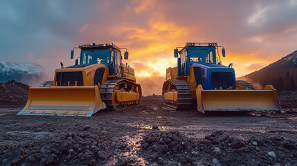 Two large bulldozers on a construction site at sunset. Heavy machinery, industrial vehicles, earthmoving equipment, infrastructure development, construction industry, building project.