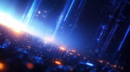 futuristic digital landscape featuring glowing lines and abstract structures, creating a vibrant and