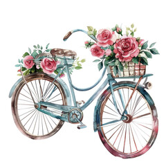 Wall Mural - Vintage Bicycle with Basket of Flowers Watercolor Illustration for Spring and Nature Themes