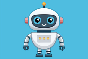 Wall Mural - A cheerful white robot stands happily with a friendly smile in a vibrant blue setting, a cartoon character cute white robot