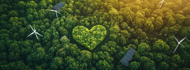 Aerial view of green forest with wind turbines and heart-shaped solar panels.