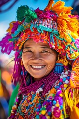 Close-Up Shot of a Smiling Filipino Woman in Vibrant Traditional Baro't Saya at a Local Festival, Radiating Joy Under the Sun