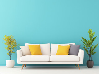 Wall Mural - illustration of modern sofa with cushions and flowers in living room