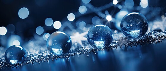 A detailed shot capturing the sparkling silver and blue christmas decorations, reminiscent of a starry night.