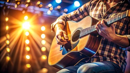 Close-up of hands playing an acoustic guitar on stage, illuminated by warm lights, capturing the essence of a live music performance.