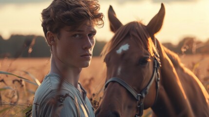 Wall Mural - A young man stands in a field with a brown horse. The man is wearing a blue shirt and he is looking at the camera. The horse is standing next to him, and the scene has a peaceful and serene atmosphere