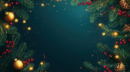 Christmas garland long banner. Green fir branches with glitter light, golden stars and red berries border. Xmas evergreen plant frame. Winter Holiday background. with generative ai