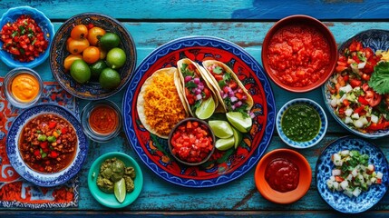 Top down view of a table full of Mexican tacos with lots of side dishes and sauces