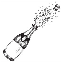 festive bottle of champagne with splashes. vector illustration in sketch style. celebration, new year, wedding