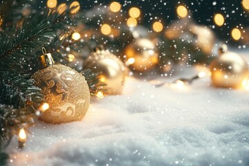 Christmas gold decorations on snow with fir tree branches and christmas lights. Winter Decoration Background with generative ai