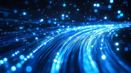 Wall Mural - flowing blue fiber optic cables with glowing particles, symbolizing fast data transmission and advan