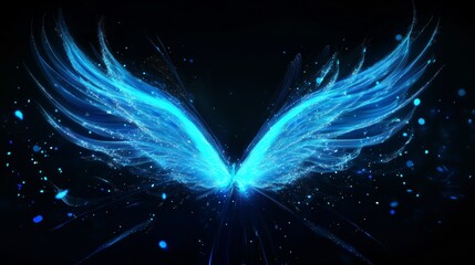 Wall Mural - glowing blue digital wings with light trails and sparkles on a black background, symbolizing technol