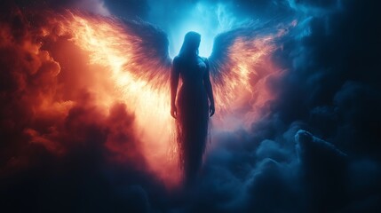 Wall Mural - silhouette of an angel with fiery wings standing between contrasting blue and orange clouds, symboli