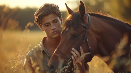 Wall Mural - A man is petting a horse in a field. Scene is peaceful and calming