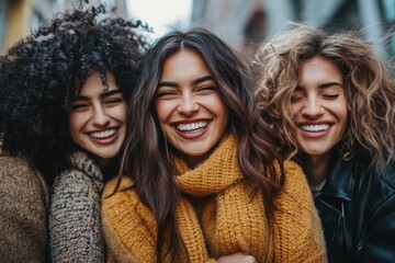 Happy group of trendy young people laughing sitting in city street. Millennial diverse student friends having fun together outdoor, Generative AI