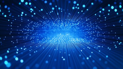 Wall Mural - blue glowing fiber optic strands radiating from the center with copy space in the middle, representi