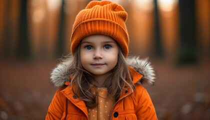 Charming little girl in orange hat and coat against a vibrant autumn forest backdrop