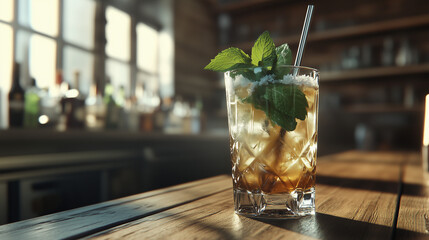 Close-up of a mint julep in a tall glass, filled with crushed ice, mint leaves, and a straw, sitting on a wooden bar counter, soft natural light, cool and refreshing atmosphere