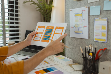 Wall Mural - a web designer is using his idea to create a digital product design project that will meet the needs