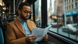© Galib - A man in a brown jacket and glasses is sitting on a bus, reading a magazine.