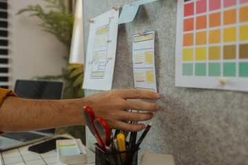 Wall Mural - a web developer is analyzing data from his ideas to develop the structure and components of a digita
