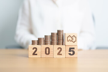 Happy New Year 2025 with Coins stack and jigsaw puzzle icon. business Process, Team, teamwork, Strategy, goal, Money, Budget, investment, financial and New Year Resolution concept