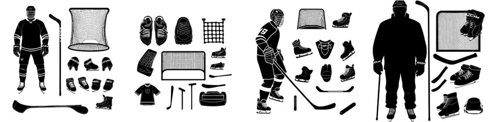 Wall Mural - Isolated silhouettes of ice hockey players, sticks, pucks, referees, wall gates. Male in skates, uniform helmet, trophy cup, goalkeeper.