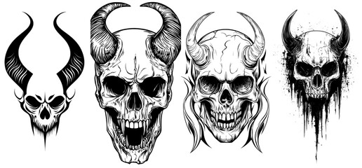 The skull of a devil, ringed with earrings and horns, is black and white with red horns