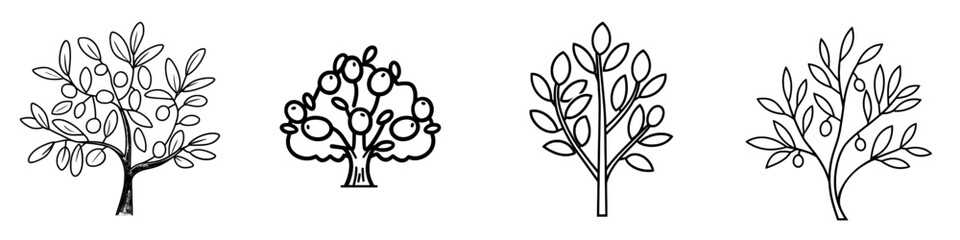 This is an isolated green tree icon with thin lines representing green leaves, forest plants, and a nature garden. Image for landscape designs, eco parks, and parks.