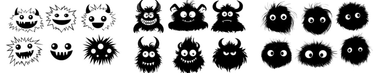 A cute fluffy monster with big cartoon eyes isolated on black