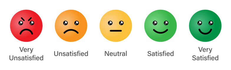 Aufkleber - Rating emoji set in 3d style for customer feedback or product experience in different colors. Very satisfied, satisfied, neutral, unsatisfied, very unsatisfied emoji icons.